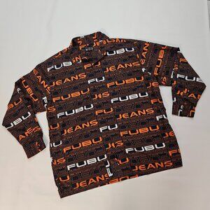 FUBU Shirt Collared Dress Shirt Black/Orange Vintage Men’s XXL
